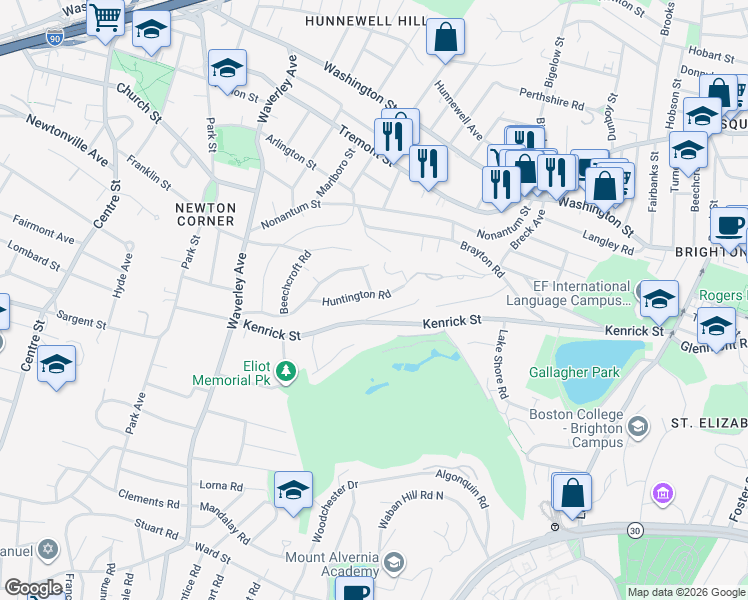 map of restaurants, bars, coffee shops, grocery stores, and more near 14 Chamberlain Road in Newton