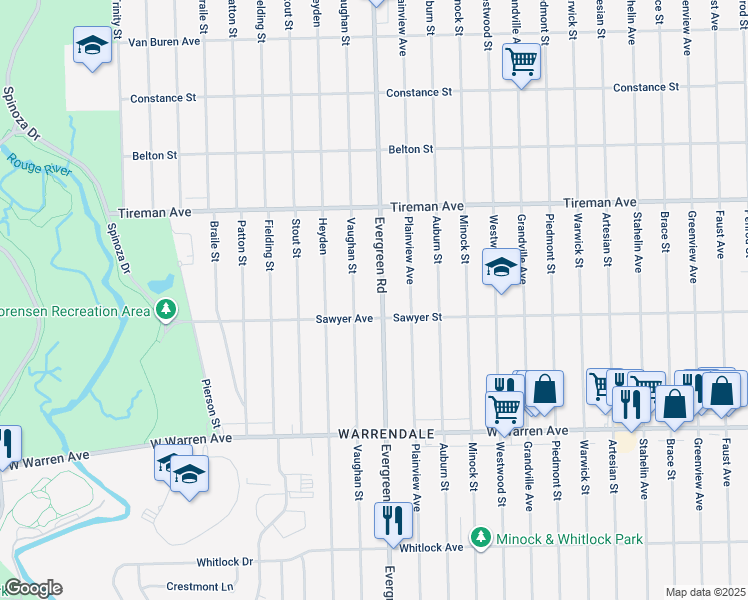 map of restaurants, bars, coffee shops, grocery stores, and more near 7682 Vaughan Street in Detroit
