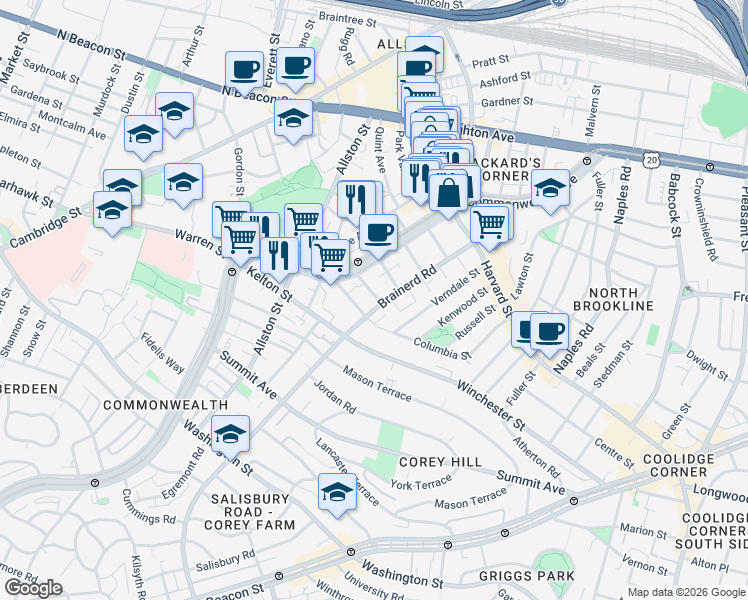 map of restaurants, bars, coffee shops, grocery stores, and more near 1322 Commonwealth Avenue in Boston