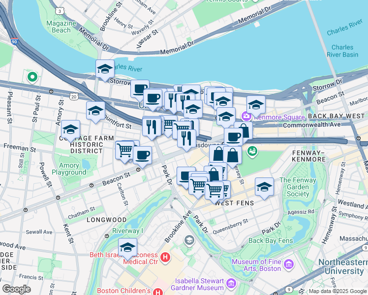 map of restaurants, bars, coffee shops, grocery stores, and more near 838 Beacon Street in Boston