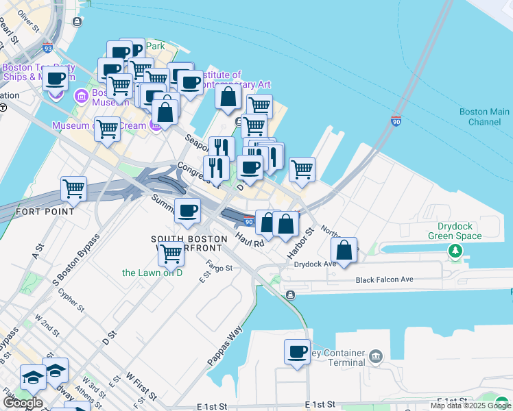 map of restaurants, bars, coffee shops, grocery stores, and more near 1 Park Lane in Boston