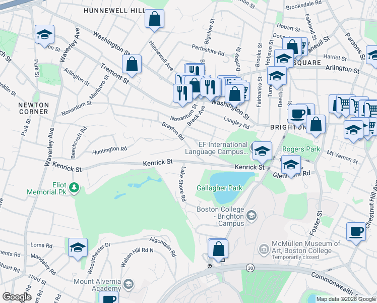 map of restaurants, bars, coffee shops, grocery stores, and more near 53 Brayton Road in Boston