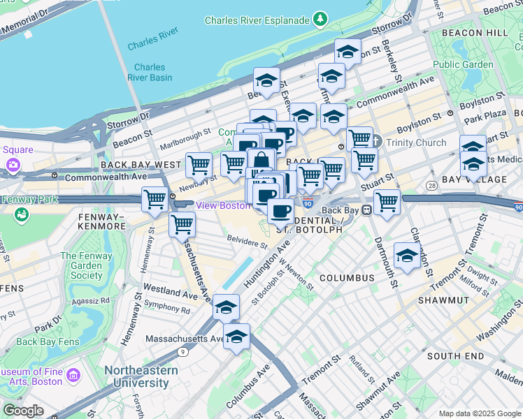 map of restaurants, bars, coffee shops, grocery stores, and more near 800 Boylston Street in Boston