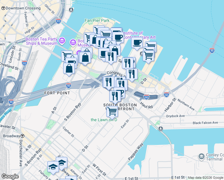 map of restaurants, bars, coffee shops, grocery stores, and more near 393-411 Summer Street in Boston