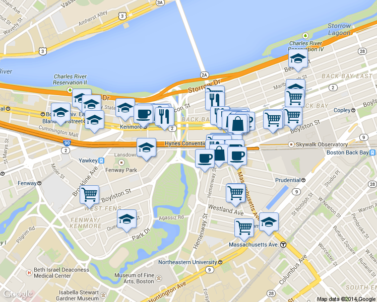 map of restaurants, bars, coffee shops, grocery stores, and more near 427 Newbury Street in Boston