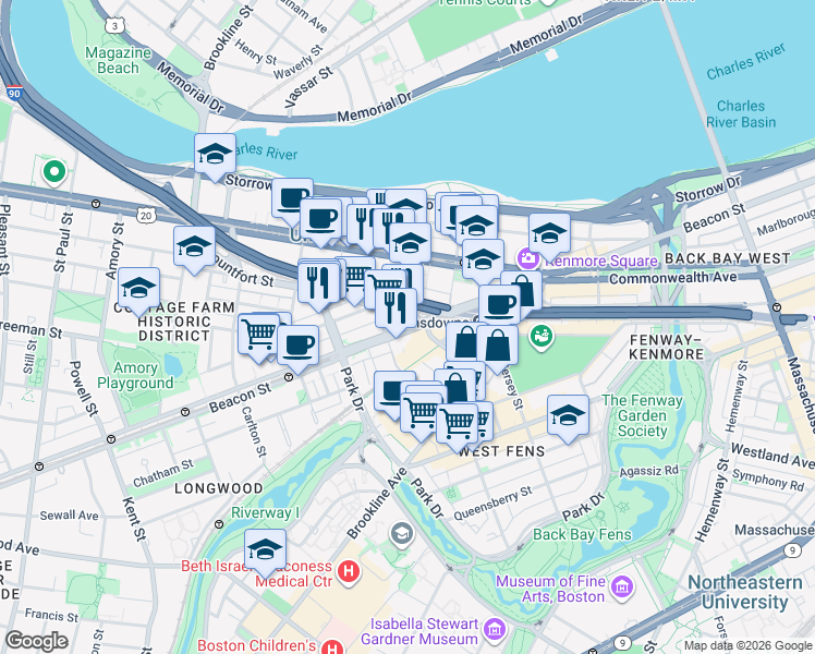 map of restaurants, bars, coffee shops, grocery stores, and more near 46 Mountfort Street in Boston