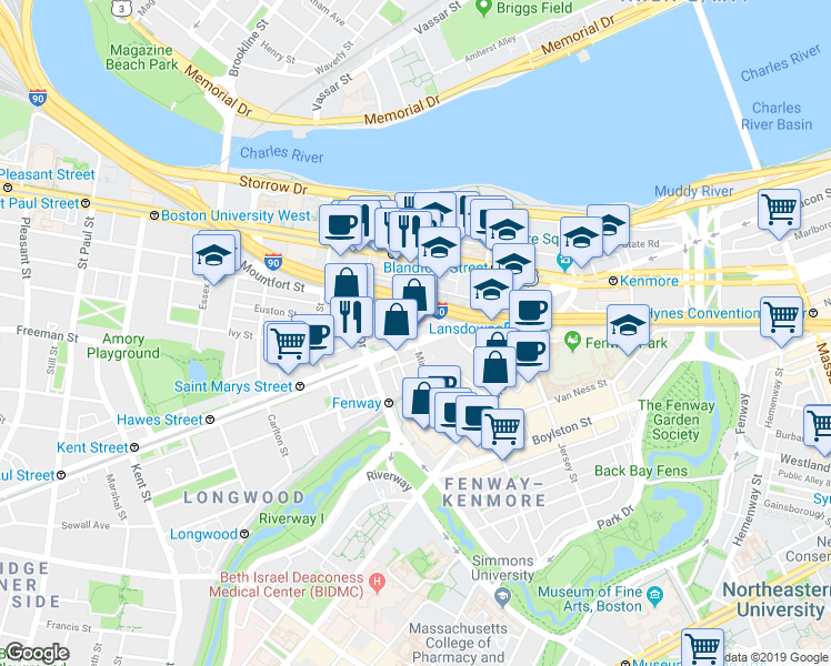 map of restaurants, bars, coffee shops, grocery stores, and more near 46 Mountfort Street in Boston