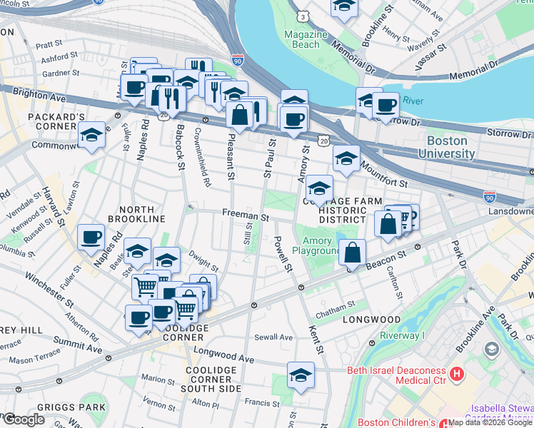 map of restaurants, bars, coffee shops, grocery stores, and more near in Brookline