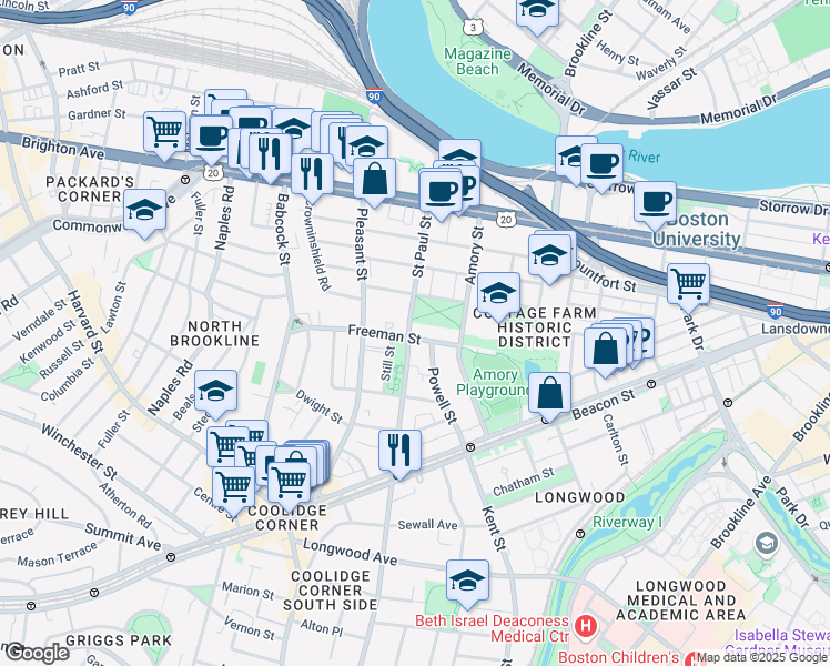 map of restaurants, bars, coffee shops, grocery stores, and more near in Brookline