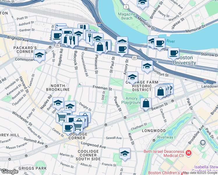 map of restaurants, bars, coffee shops, grocery stores, and more near in Brookline