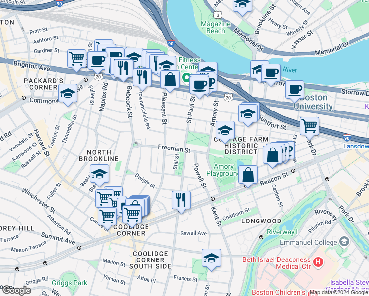 map of restaurants, bars, coffee shops, grocery stores, and more near in Brookline