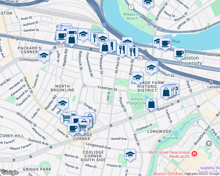map of restaurants, bars, coffee shops, grocery stores, and more near in Brookline