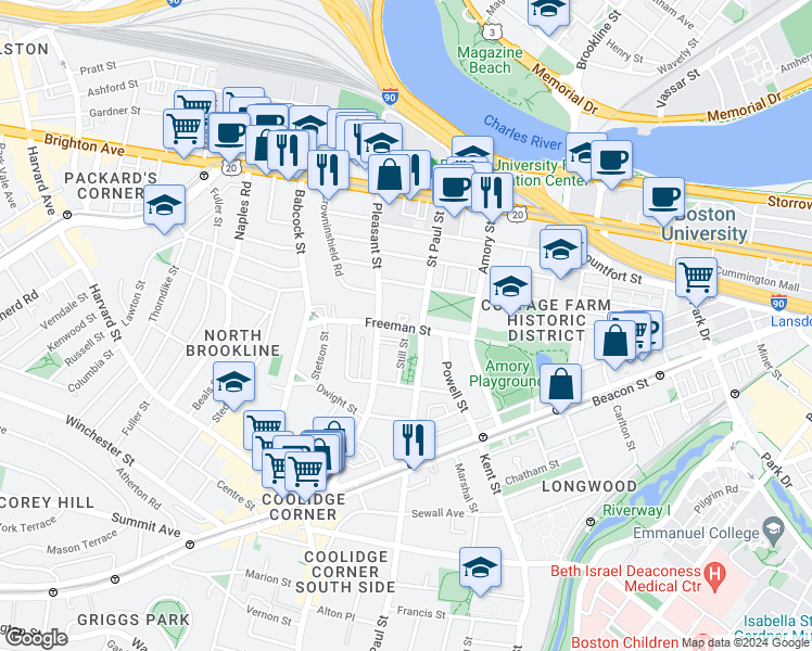 map of restaurants, bars, coffee shops, grocery stores, and more near in Brookline