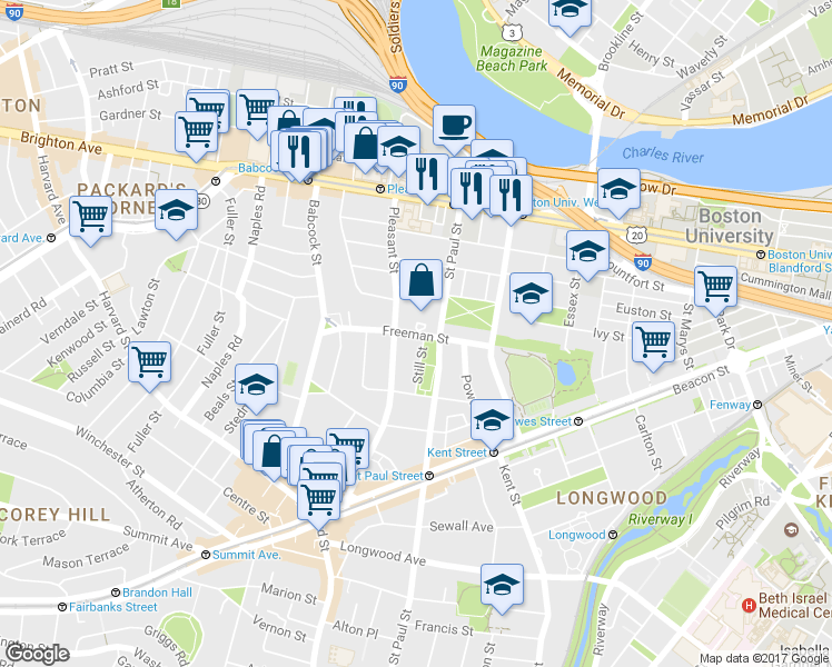 map of restaurants, bars, coffee shops, grocery stores, and more near 73 Thatcher Street in Brookline