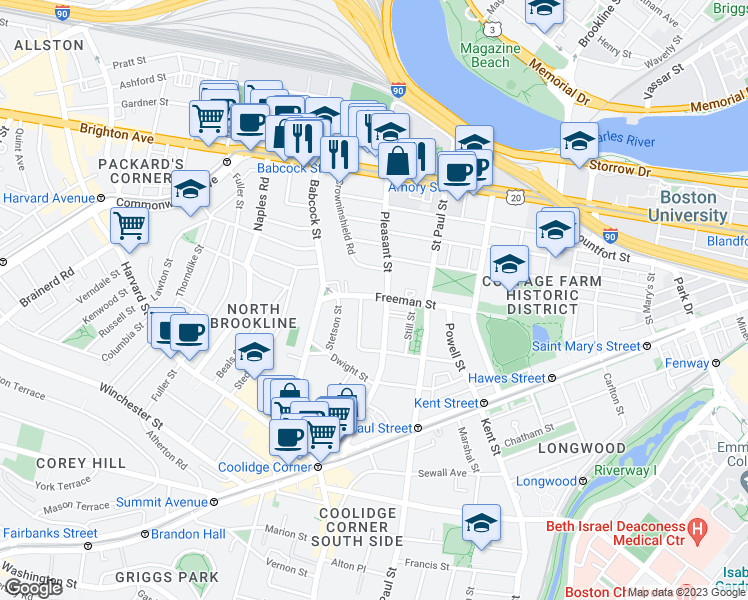 map of restaurants, bars, coffee shops, grocery stores, and more near 217 Freeman Street in Brookline