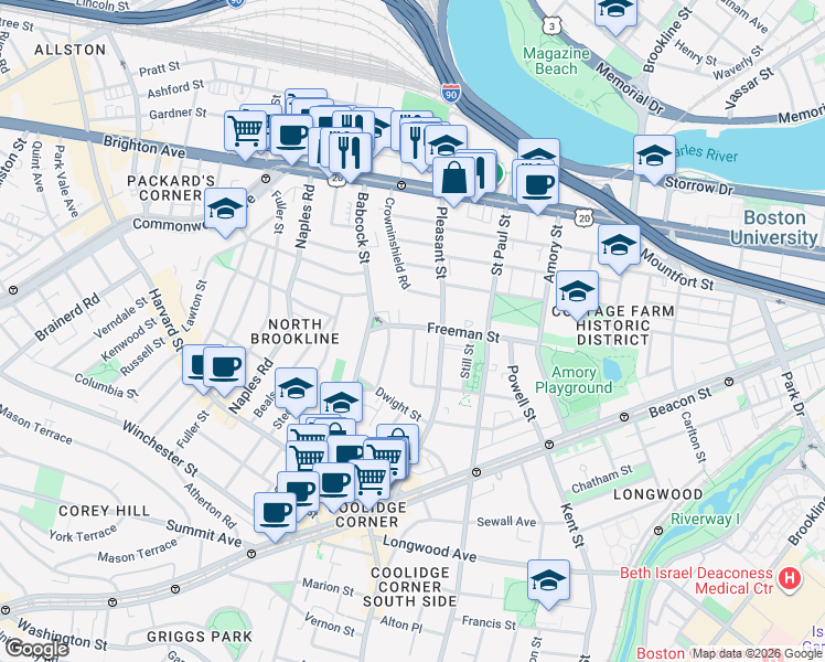 map of restaurants, bars, coffee shops, grocery stores, and more near 217 Freeman Street in Brookline