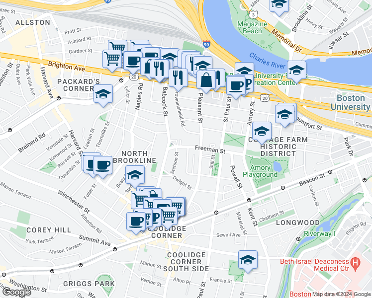 map of restaurants, bars, coffee shops, grocery stores, and more near 217 Freeman Street in Brookline