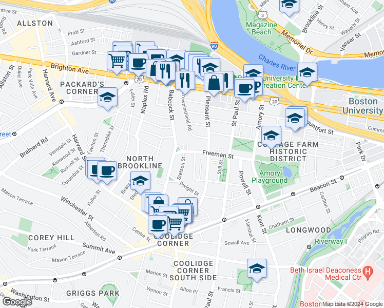 map of restaurants, bars, coffee shops, grocery stores, and more near 217 Freeman Street in Brookline