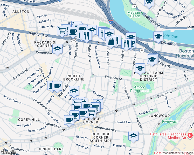 map of restaurants, bars, coffee shops, grocery stores, and more near 217 Freeman Street in Brookline