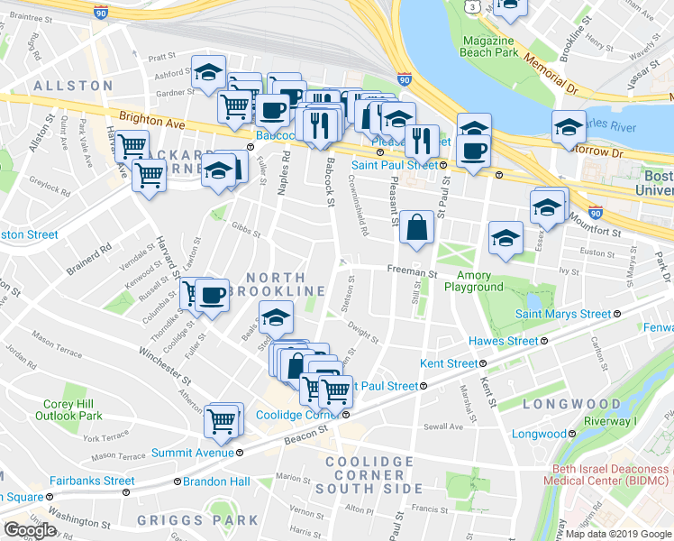 map of restaurants, bars, coffee shops, grocery stores, and more near 145 Babcock Street in Brookline
