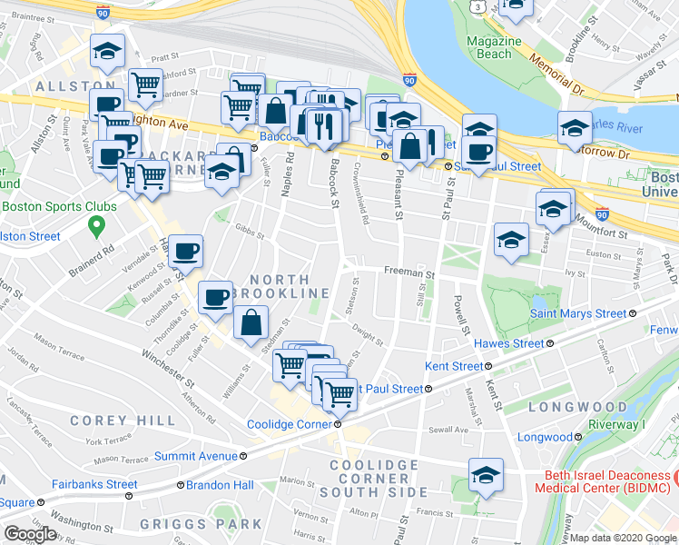 map of restaurants, bars, coffee shops, grocery stores, and more near 145 Babcock Street in Brookline