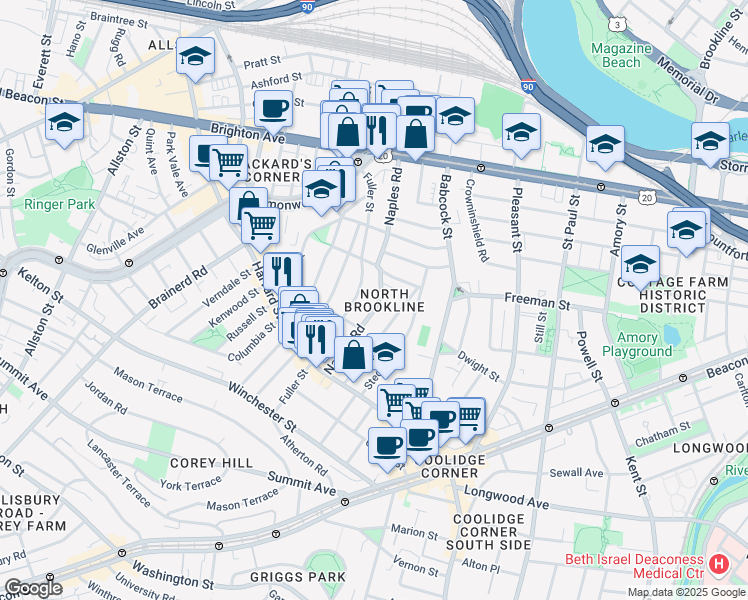 map of restaurants, bars, coffee shops, grocery stores, and more near in Brookline