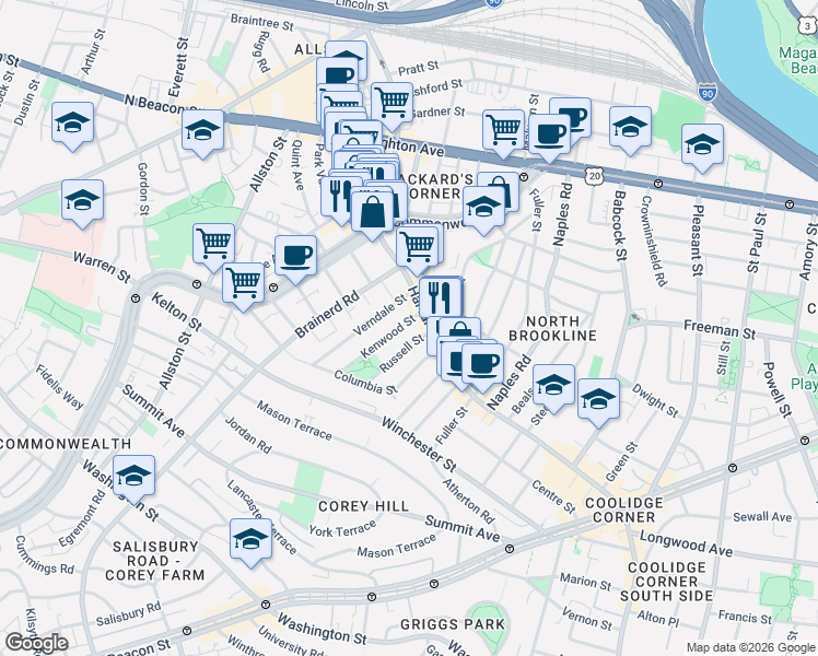 map of restaurants, bars, coffee shops, grocery stores, and more near 16 Verndale Street in Brookline
