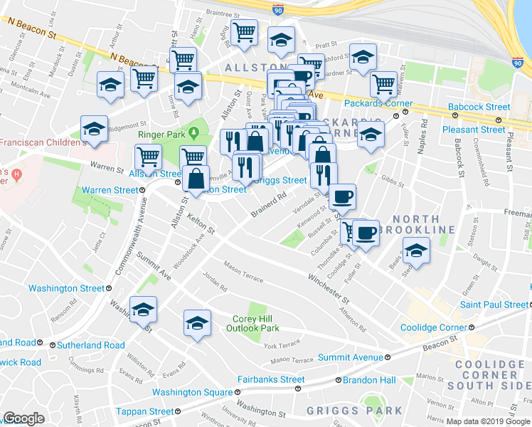 map of restaurants, bars, coffee shops, grocery stores, and more near 65 Brainerd Road in Boston