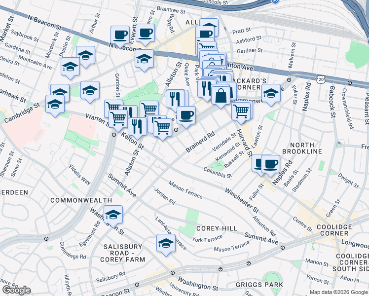 map of restaurants, bars, coffee shops, grocery stores, and more near 1322 Commonwealth Avenue in Boston