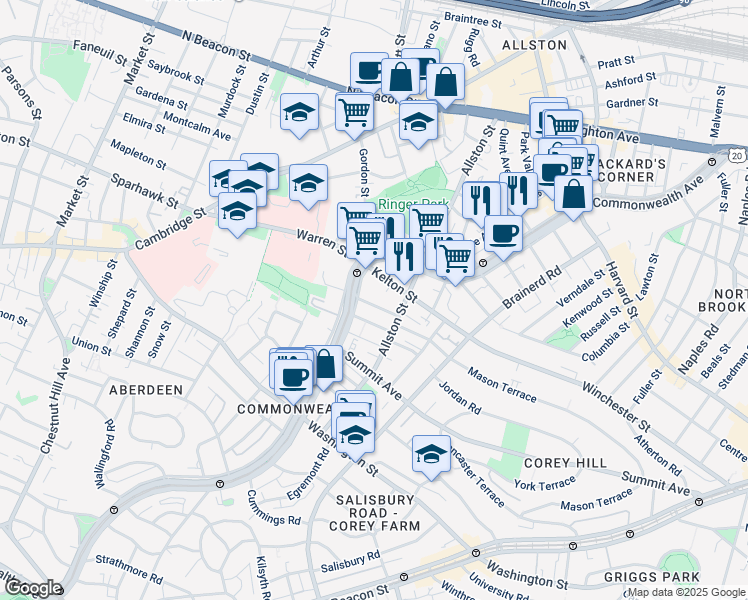 map of restaurants, bars, coffee shops, grocery stores, and more near 153 Kelton Street in Boston