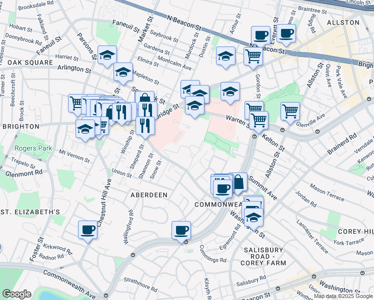 map of restaurants, bars, coffee shops, grocery stores, and more near 181 Washington Street in Boston