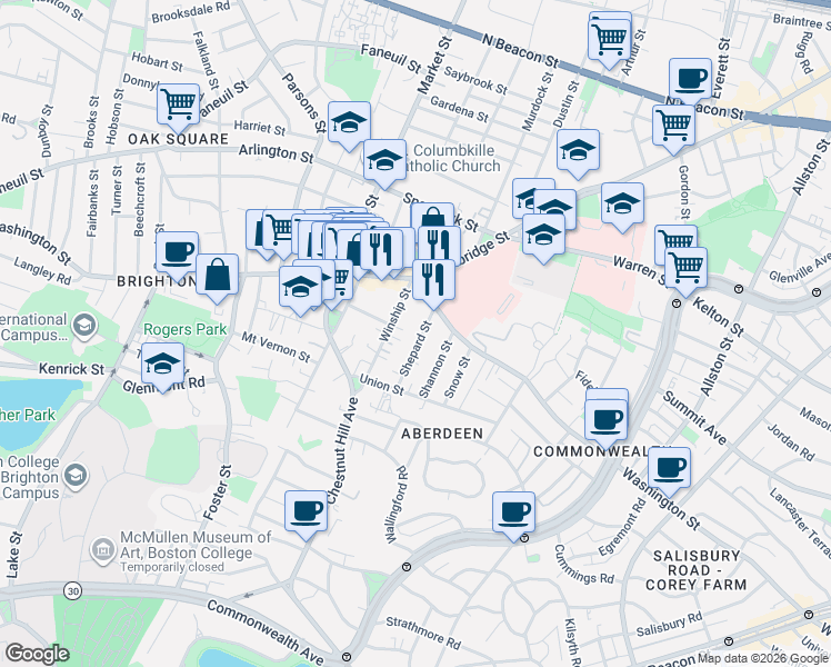 map of restaurants, bars, coffee shops, grocery stores, and more near 18 Winship Street in Boston