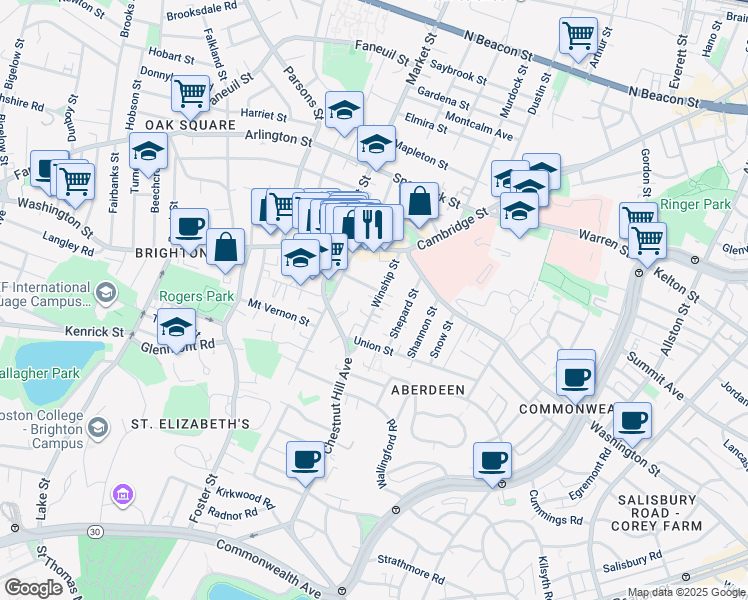 map of restaurants, bars, coffee shops, grocery stores, and more near 21 Peaceable Street in Boston