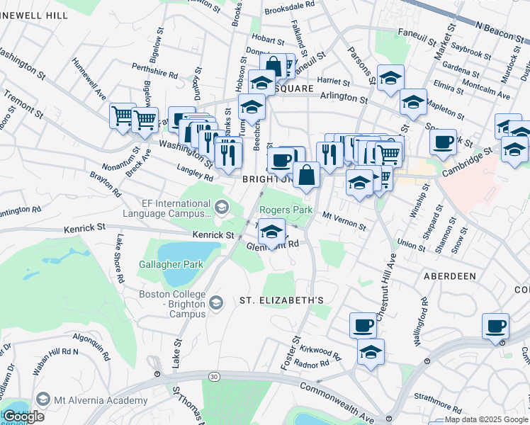 map of restaurants, bars, coffee shops, grocery stores, and more near 30 Rogers Park Avenue in Boston