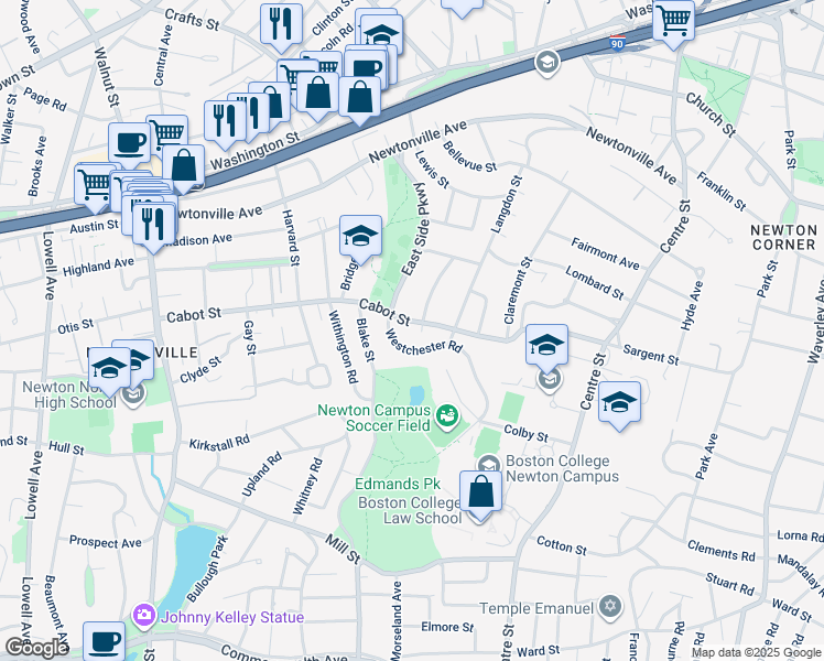 map of restaurants, bars, coffee shops, grocery stores, and more near 50 Salisbury Road in Newton