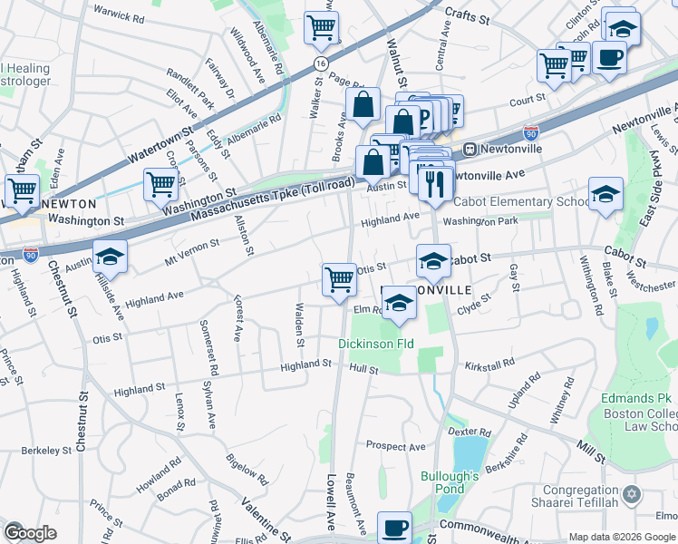map of restaurants, bars, coffee shops, grocery stores, and more near 269 Lowell Avenue in Newton