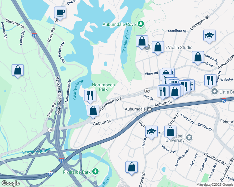map of restaurants, bars, coffee shops, grocery stores, and more near 11 Rider Terrace in Newton
