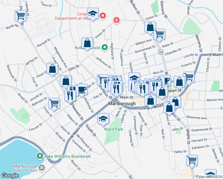 map of restaurants, bars, coffee shops, grocery stores, and more near 316 Lincoln Street in Marlborough