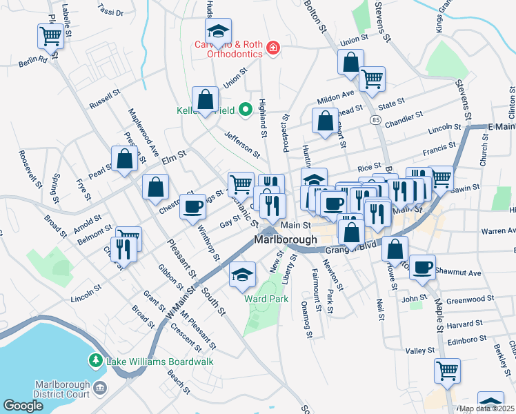 map of restaurants, bars, coffee shops, grocery stores, and more near 316 Lincoln Street in Marlborough