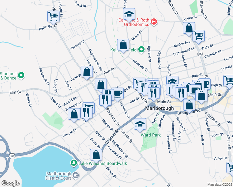 map of restaurants, bars, coffee shops, grocery stores, and more near 36 Chestnut Street in Marlborough