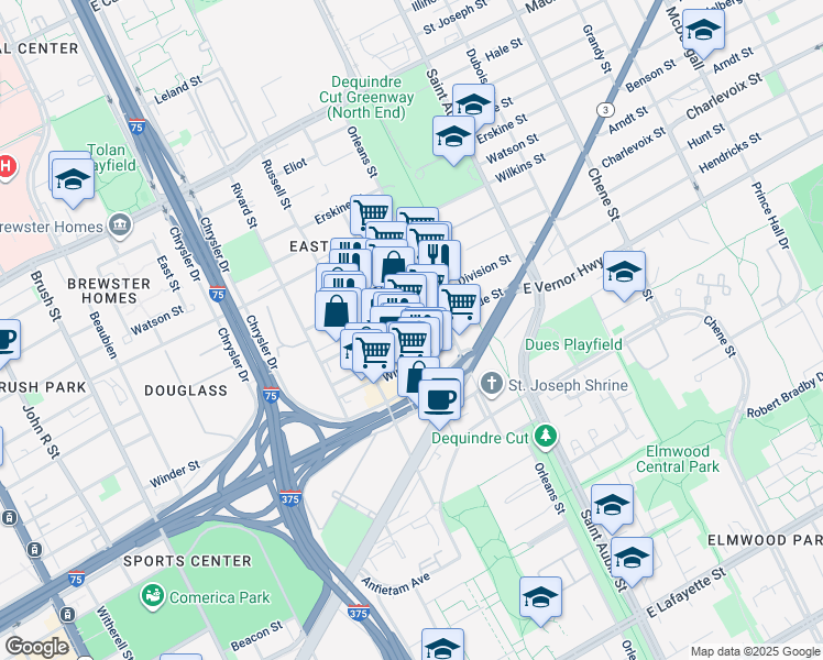 map of restaurants, bars, coffee shops, grocery stores, and more near 1540 Division Street in Detroit