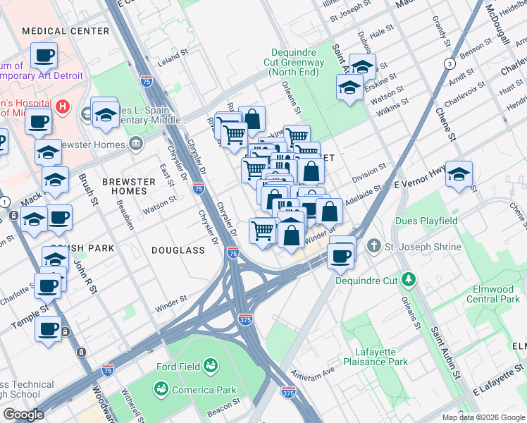 map of restaurants, bars, coffee shops, grocery stores, and more near 2900 Rivard Street in Detroit