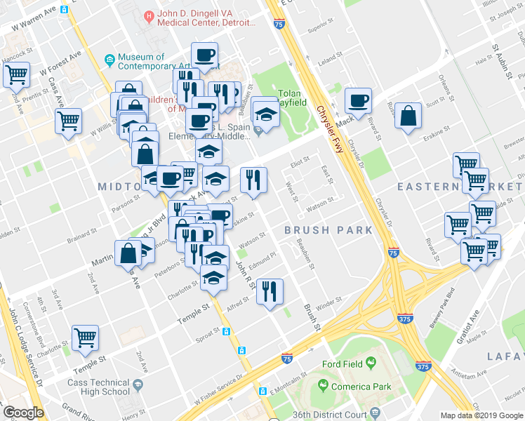 map of restaurants, bars, coffee shops, grocery stores, and more near 3410 Brush Street in Detroit