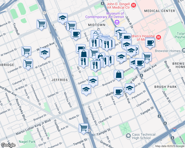 map of restaurants, bars, coffee shops, grocery stores, and more near 635 West Alexandrine Street in Detroit