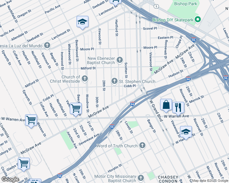 map of restaurants, bars, coffee shops, grocery stores, and more near 6001 Hartford Street in Detroit