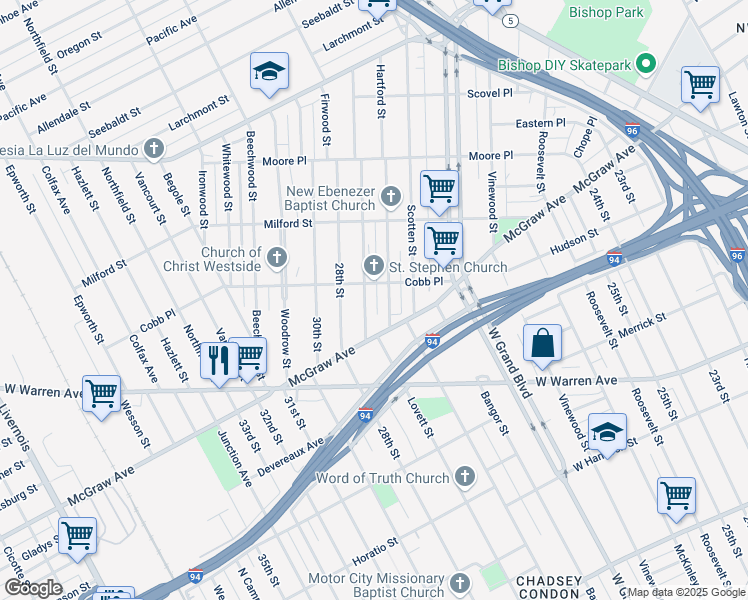 map of restaurants, bars, coffee shops, grocery stores, and more near 6001 Hartford Street in Detroit