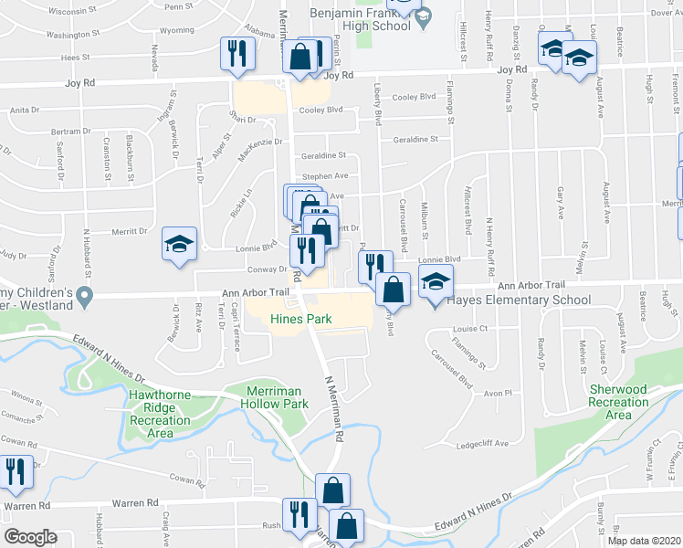 map of restaurants, bars, coffee shops, grocery stores, and more near 8220 Huntington Street in Westland