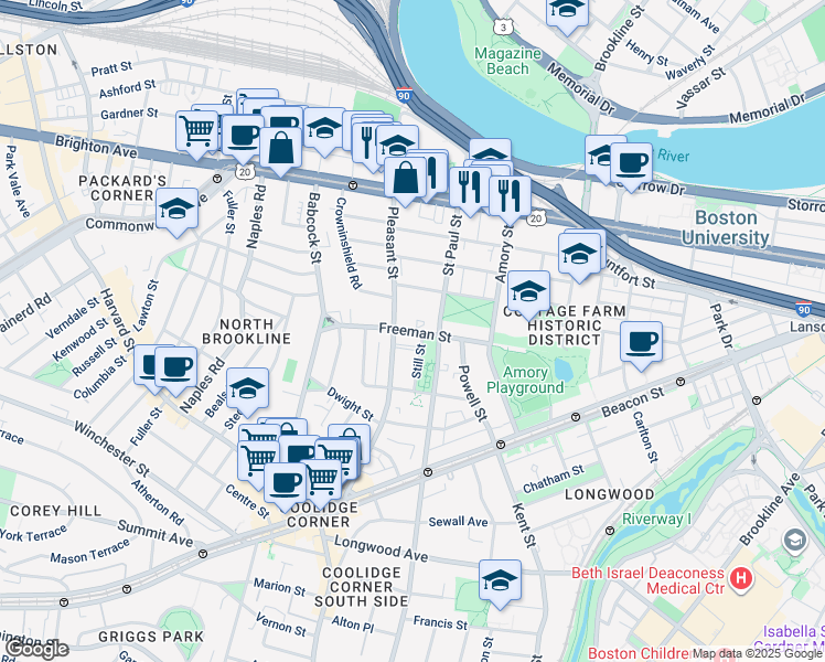 map of restaurants, bars, coffee shops, grocery stores, and more near 73 Thatcher Street in Brookline