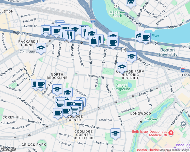 map of restaurants, bars, coffee shops, grocery stores, and more near 176 Freeman Street in Brookline