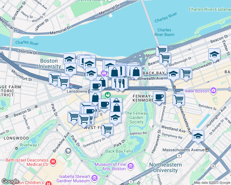 map of restaurants, bars, coffee shops, grocery stores, and more near 35-37 Lansdowne Street in Boston